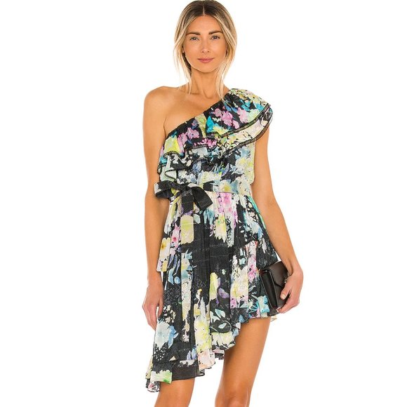 ROCOCO SAND Aita Mini Dress in Black Multi Pastel One Shoulder Large L - Picture 1 of 9